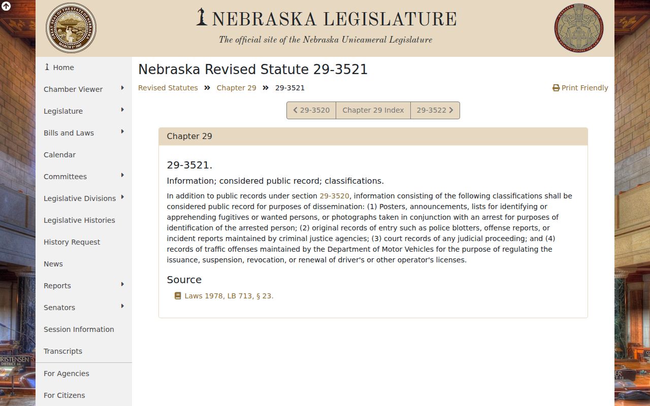 Nebraska statute source for Saline County wanted-list and arrest-record context