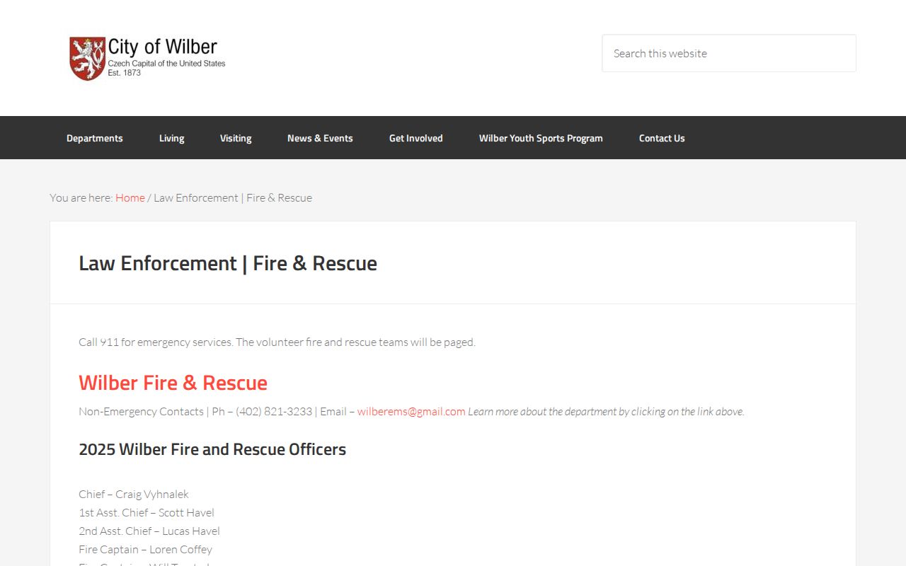 Wilber safety page showing Saline County law-enforcement contact for arrest records